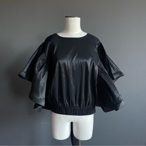 Highlight Black Coated Flutter Sleeve Tie-Back Blouse